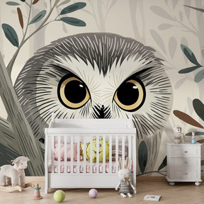 Forest owl mural wallpaper for kids playroom with nature-themed educational decor