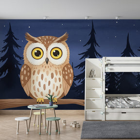 Forest owl mural wallpaper adding enchanting woodland charm to children's playroom decor