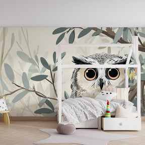 Woodland owl mural wallpaper transforming kids playroom into magical forest sanctuary