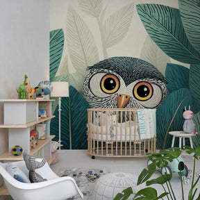 Owl jungle wallpaper transforming children's bedroom into nature adventure space with tropical greenery