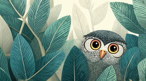 Detailed owl jungle mural wallpaper design pattern showing curious owl in lush tropical foliage by Kids-Mundo