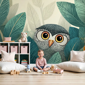 Curious owl jungle mural wallpaper creating magical nursery decor with lush green foliage by Kids-Mundo