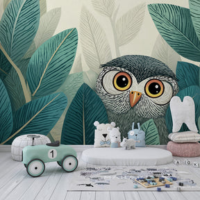 Nature-themed owl mural wallpaper for kids playroom featuring wise owl among detailed jungle leaves