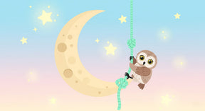 Detailed owl moon mural wallpaper design pattern with golden moon and pastel stars by Kids-Mundo