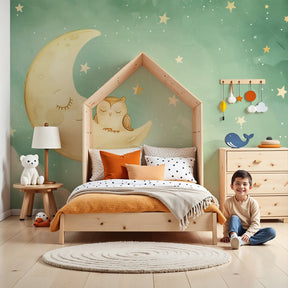 Owl moon mural wallpaper creating peaceful nursery atmosphere with crib and soft lighting by Kids-Mundo