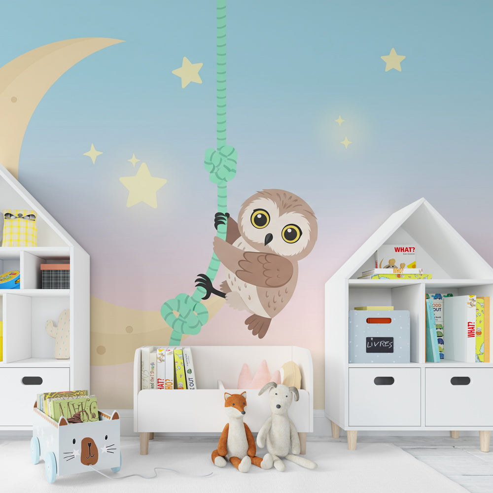 Dreamy owl and moon mural wallpaper with twinkling stars for children's bedroom decor