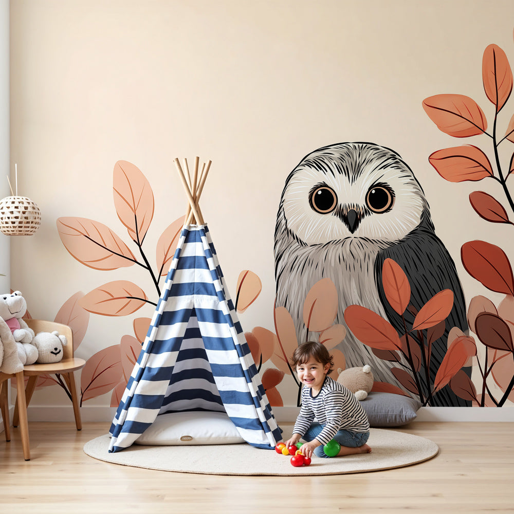 Owl mural wallpaper with autumn leaves decorating modern baby nursery by Kids-Mundo