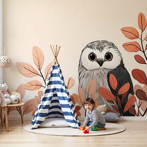 Owl mural wallpaper with autumn leaves decorating modern baby nursery by Kids-Mundo