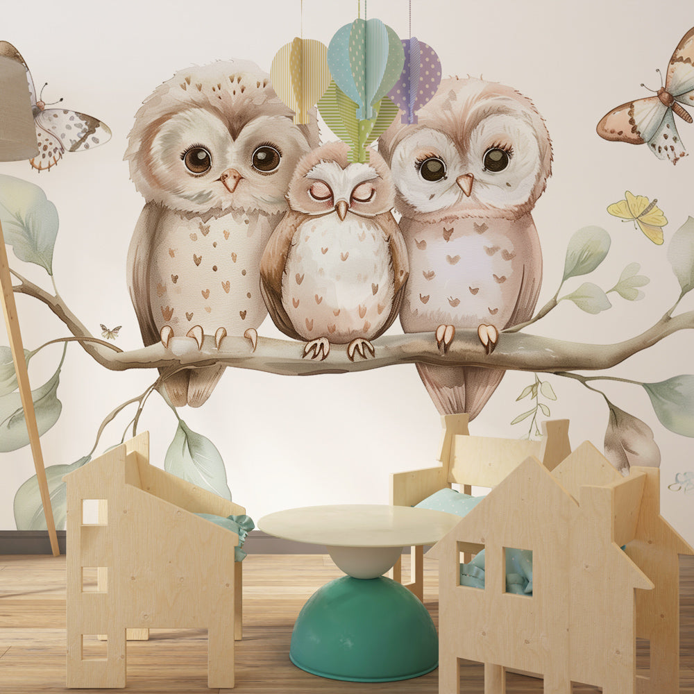 Woodland owl mural wallpaper transforming baby bedroom into enchanted forest by Kids-Mundo