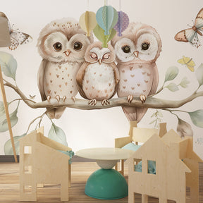 Woodland owl mural wallpaper transforming baby bedroom into enchanted forest by Kids-Mundo