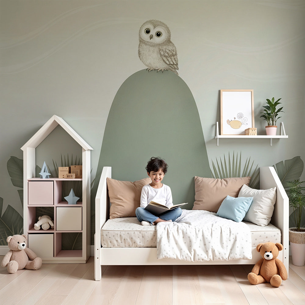 Owl mural wallpaper creating peaceful nursery decor with natural hill landscape by Kids-Mundo