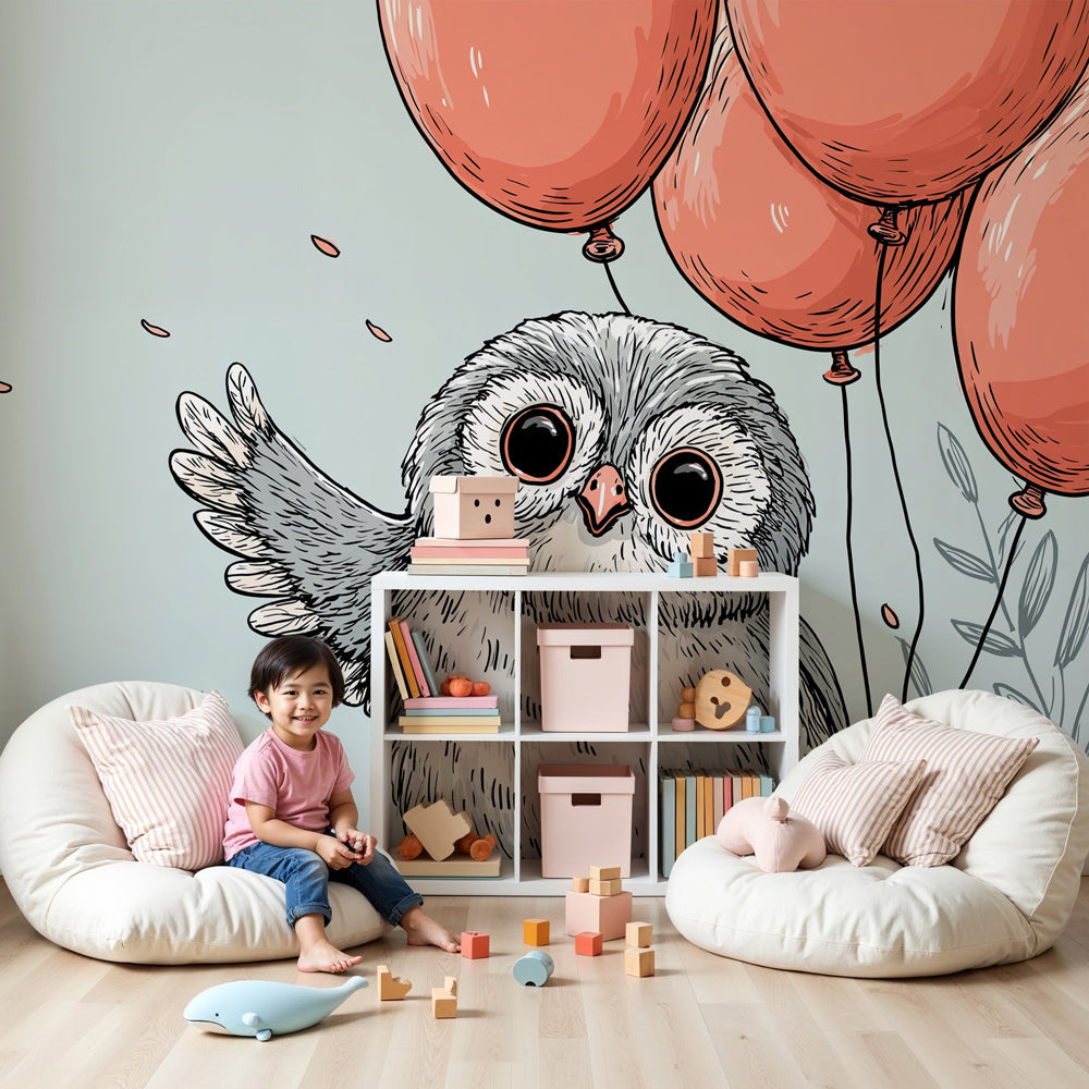 Happy owl mural wallpaper with pink balloons decorating modern baby nursery by Kids-Mundo