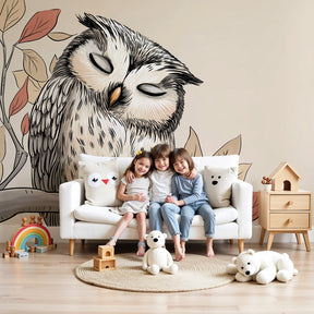 Peaceful owl mural wallpaper creating serene atmosphere in modern baby nursery by Kids-Mundo