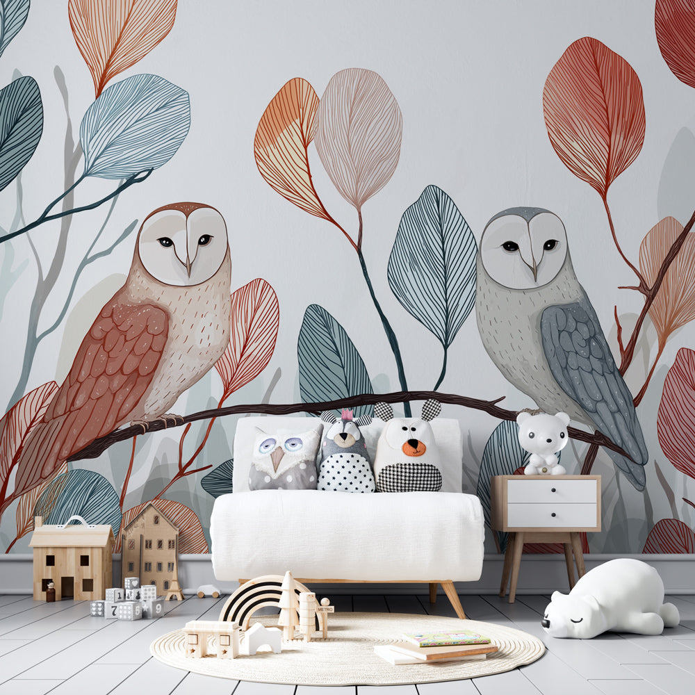 Owl themed mural wallpaper creating peaceful woodland atmosphere in children's bedroom