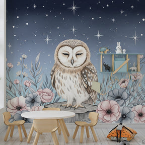 Starry night owl wallpaper creating magical atmosphere in children's bedroom