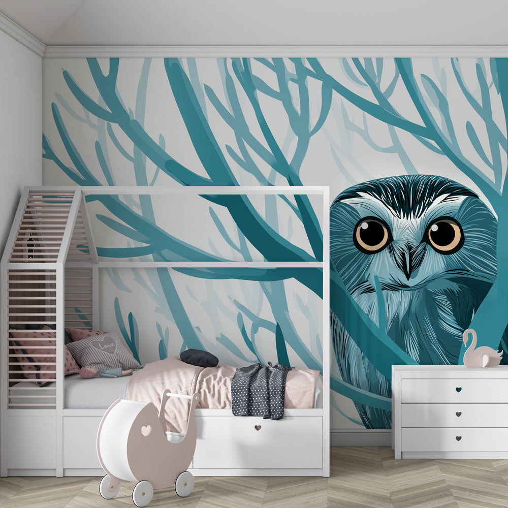 Owl forest wallpaper creating peaceful woodland atmosphere in children's bedroom decor