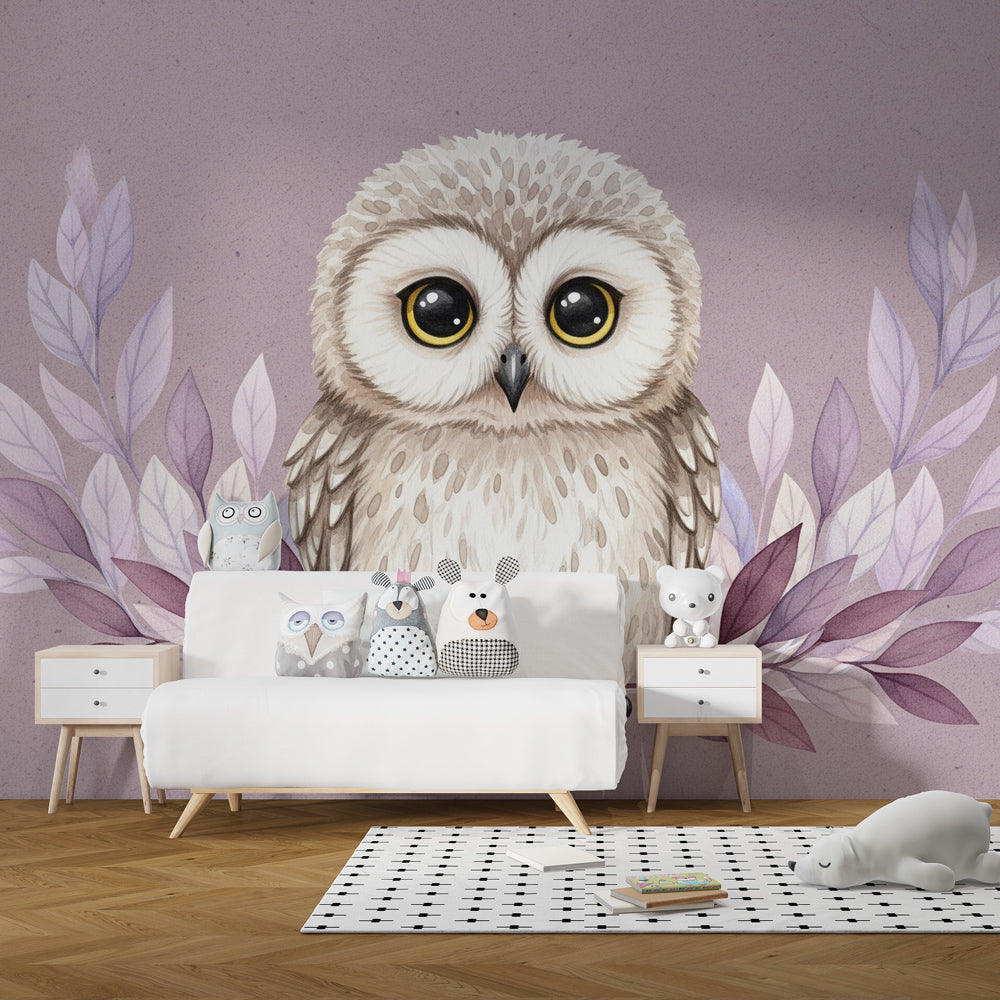Woodland owl wallpaper creating peaceful atmosphere in children's bedroom with natural decor