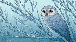 Detailed owl on branch mural wallpaper design pattern in soft blue tones by Kids-Mundo