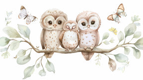 Detailed owl and butterfly mural wallpaper design pattern with three cuddly owls by Kids-Mundo