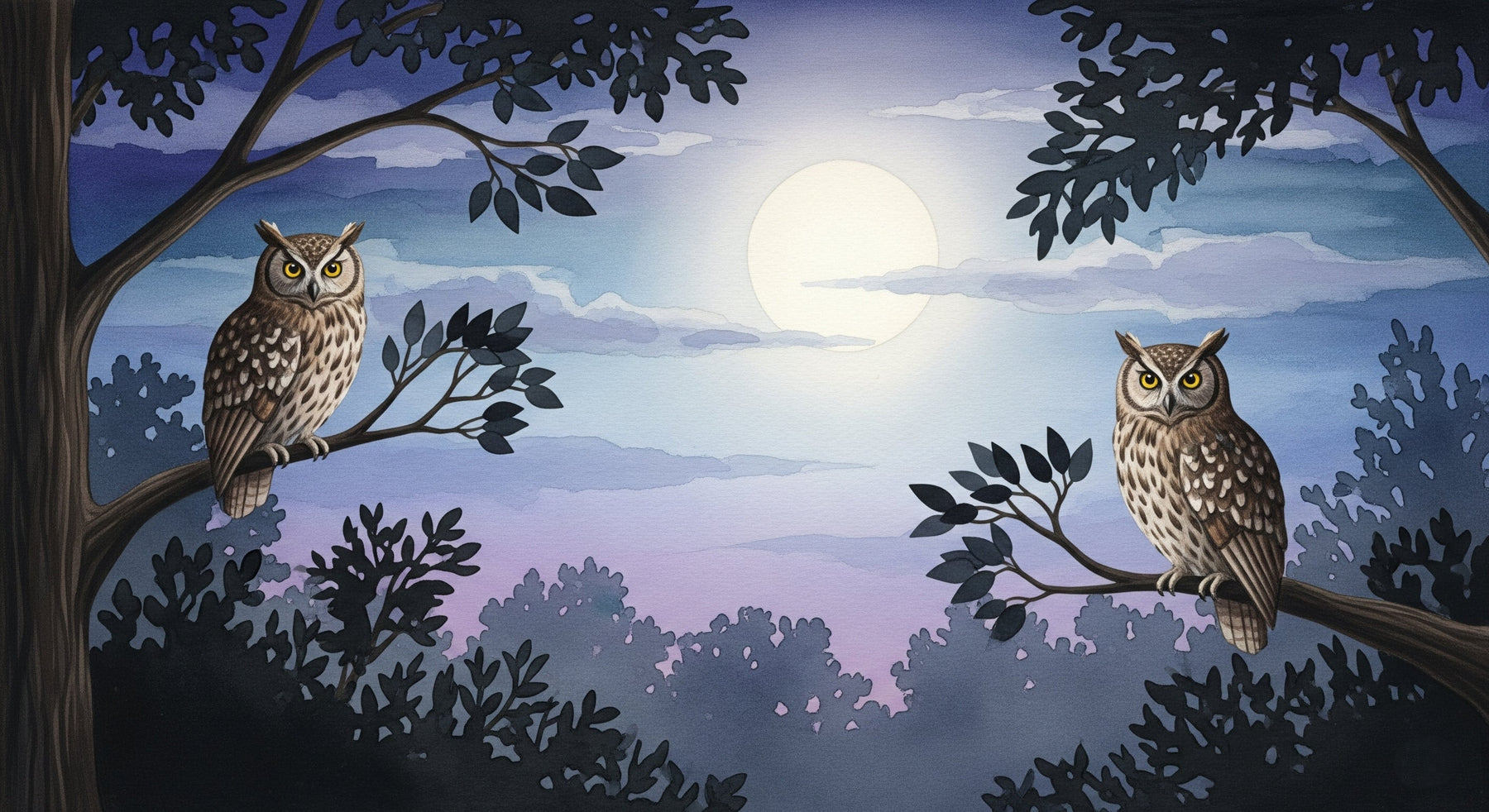 Detailed owl moonlight forest mural wallpaper design pattern by Kids-Mundo