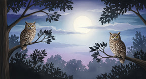Detailed owl moonlight forest mural wallpaper design pattern by Kids-Mundo