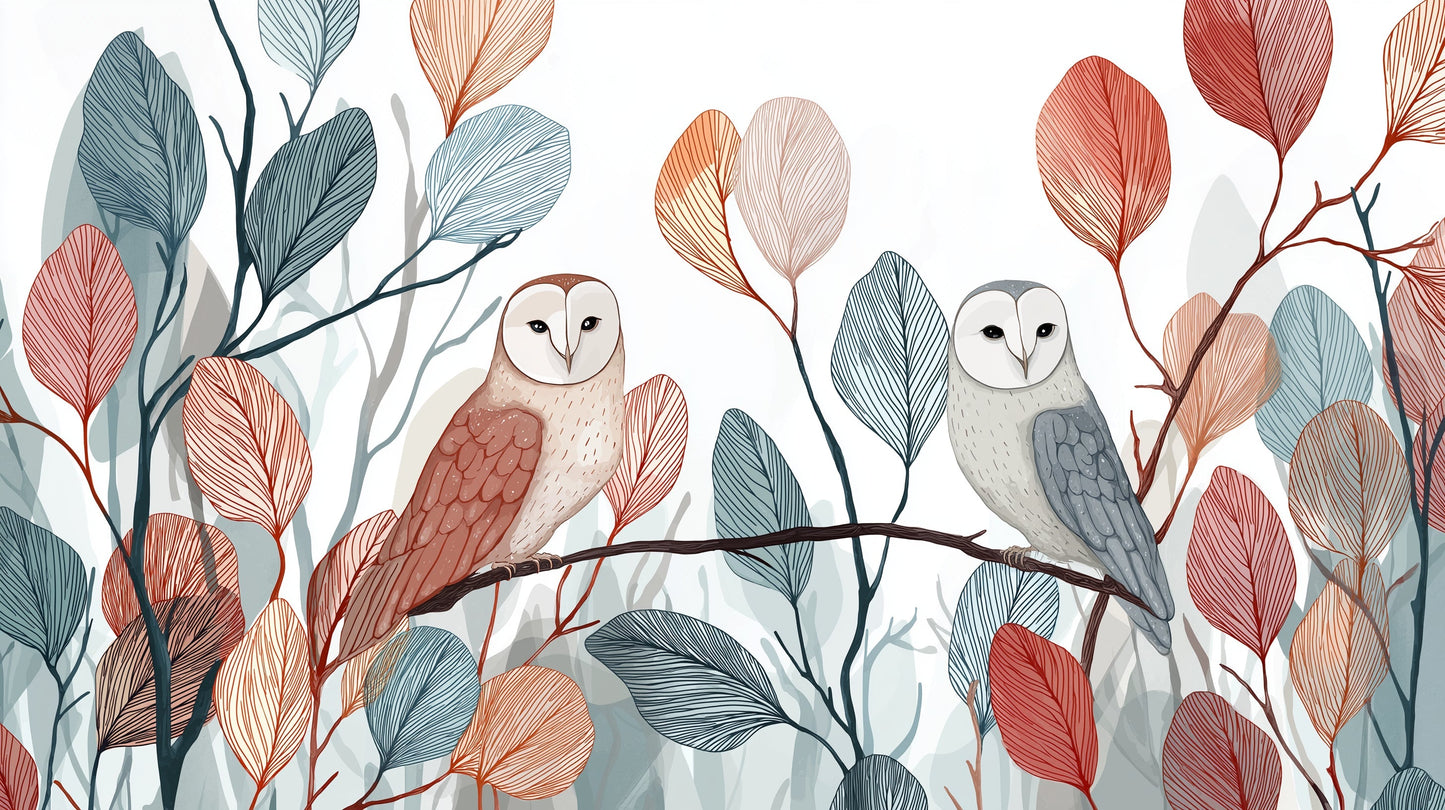 Detailed owl and leaves mural wallpaper design pattern showing forest theme by Kids-Mundo
