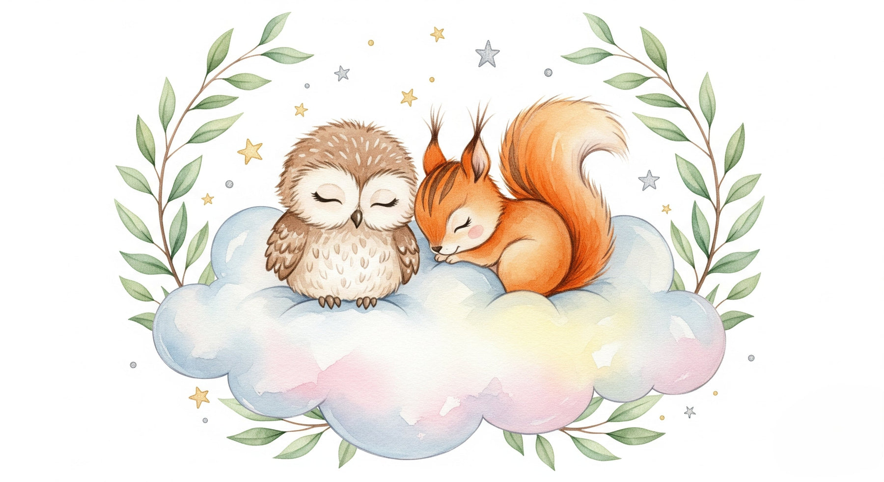 Detailed owl and squirrel sleeping on cloud mural wallpaper design pattern by Kids-Mundo