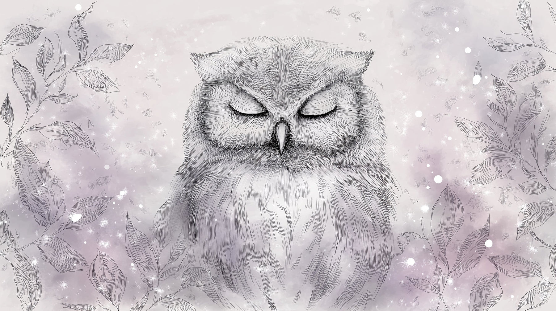 Detailed owl mural wallpaper design pattern showing serene owl with delicate leaves by Kids-Mundo