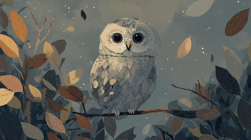 Detailed owl on branch mural wallpaper design pattern with autumn leaves and stars by Kids-Mundo