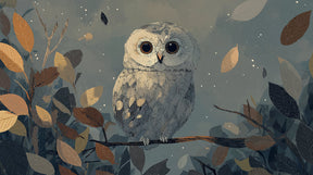 Detailed owl on branch mural wallpaper design pattern with autumn leaves and stars by Kids-Mundo