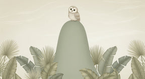 Detailed owl on peaceful hill mural wallpaper design pattern with tropical foliage by Kids-Mundo