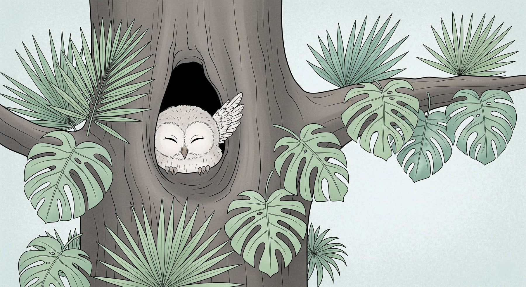 Detailed owl in tree hollow mural wallpaper design pattern with tropical leaves by Kids-Mundo