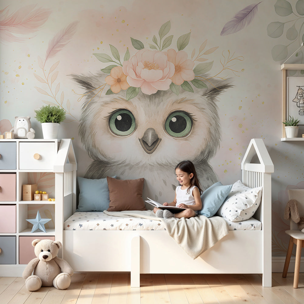 Adorable owl mural wallpaper with pink flowers in cozy nursery setting by Kids-Mundo