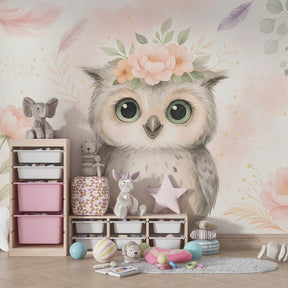 Floral owl wallpaper creating peaceful atmosphere in children's bedroom decor