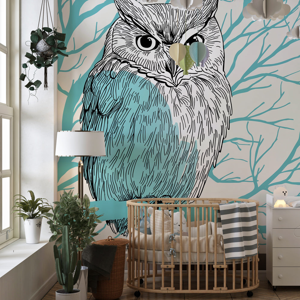 Owl wallpaper for kids room showing peaceful woodland theme with perched owl design by Kids-Mundo