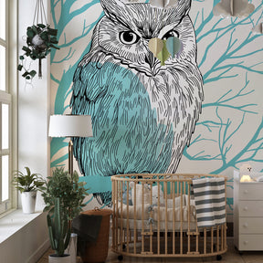 Owl wallpaper for kids room showing peaceful woodland theme with perched owl design by Kids-Mundo
