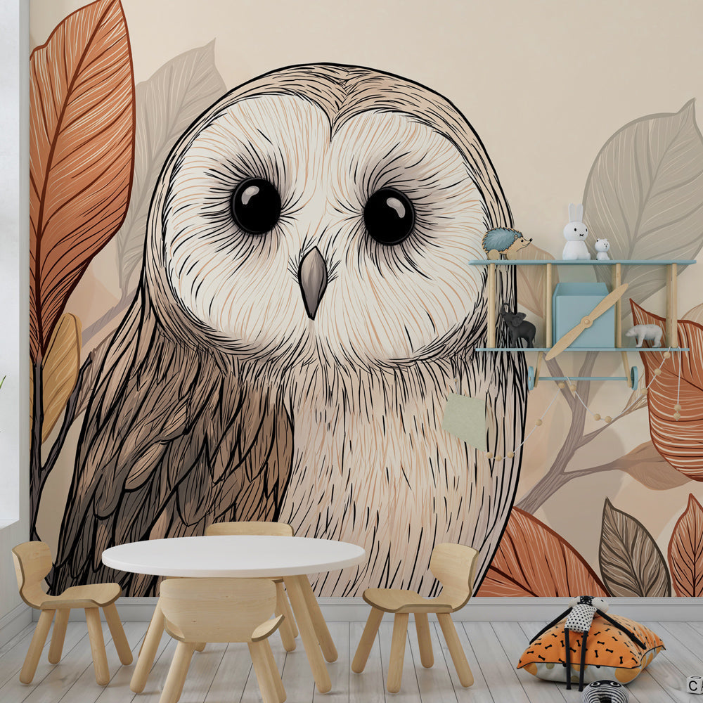 Autumn owl mural wallpaper transforming children's playroom into enchanting forest retreat