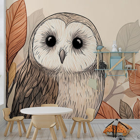 Autumn owl mural wallpaper transforming children's playroom into enchanting forest retreat
