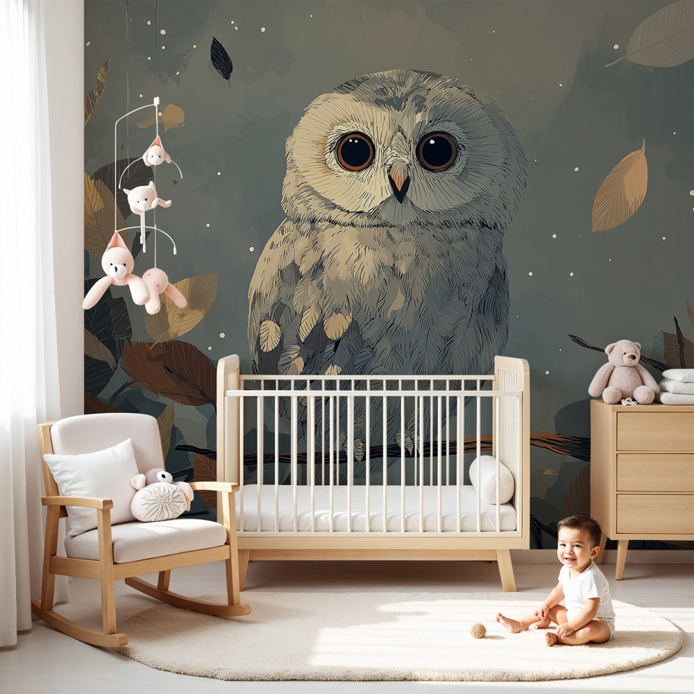 Owl mural wallpaper creating peaceful nighttime atmosphere in children's bedroom by Kids-Mundo