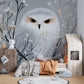 Owl nature wallpaper creating peaceful nursery atmosphere with woodland theme and pastel colors