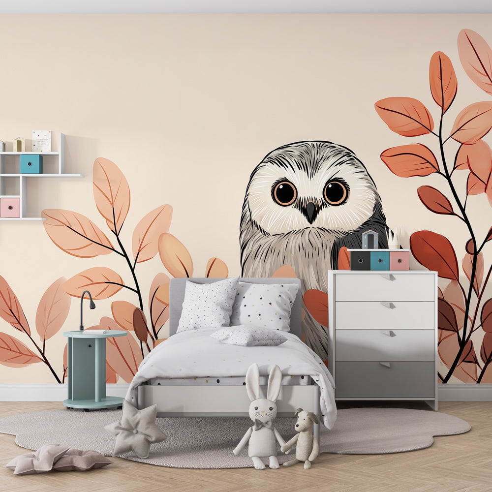 Golden autumn owl mural wallpaper transforming baby room into peaceful woodland space
