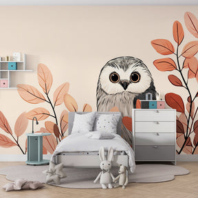 Golden autumn owl mural wallpaper transforming baby room into peaceful woodland space