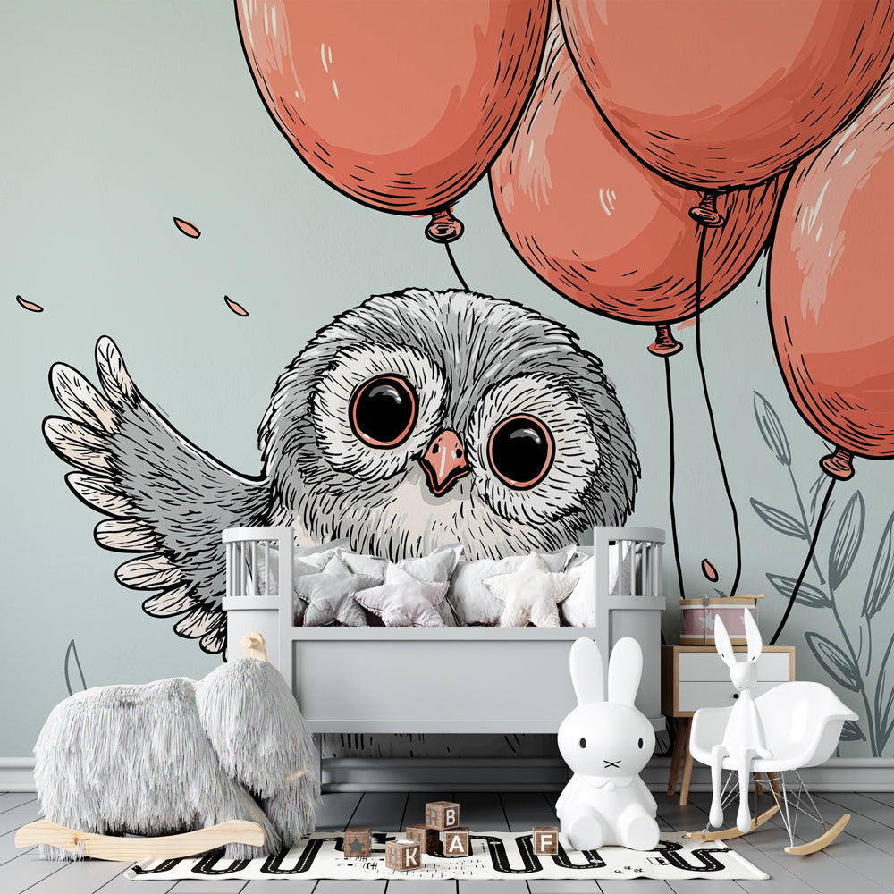 Children's owl mural wallpaper with balloons in beautifully decorated nursery space