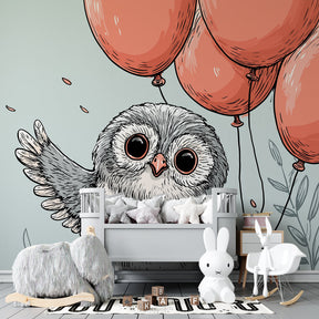 Children's owl mural wallpaper with balloons in beautifully decorated nursery space