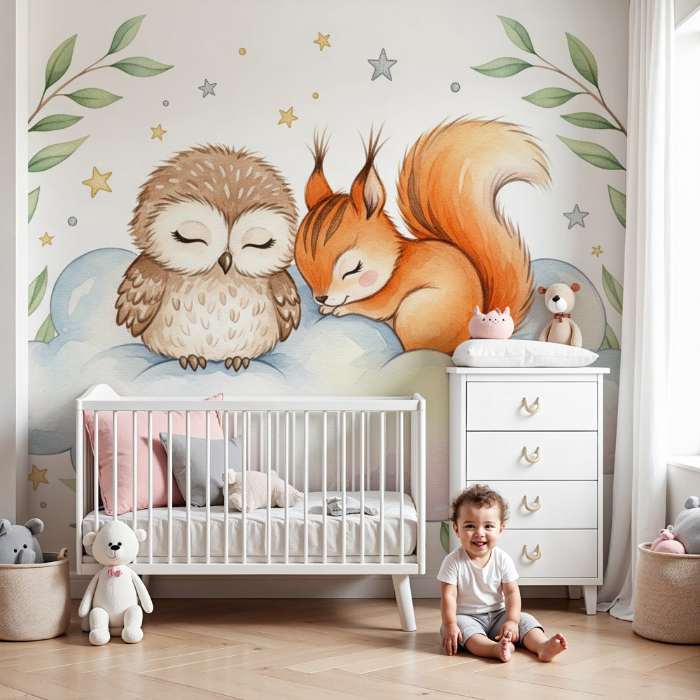 Owl and squirrel mural wallpaper creating peaceful woodland nursery decor by Kids-Mundo