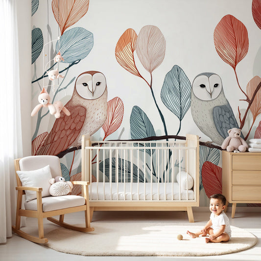 Elegant owl forest mural wallpaper in modern baby nursery with wooden crib by Kids-Mundo