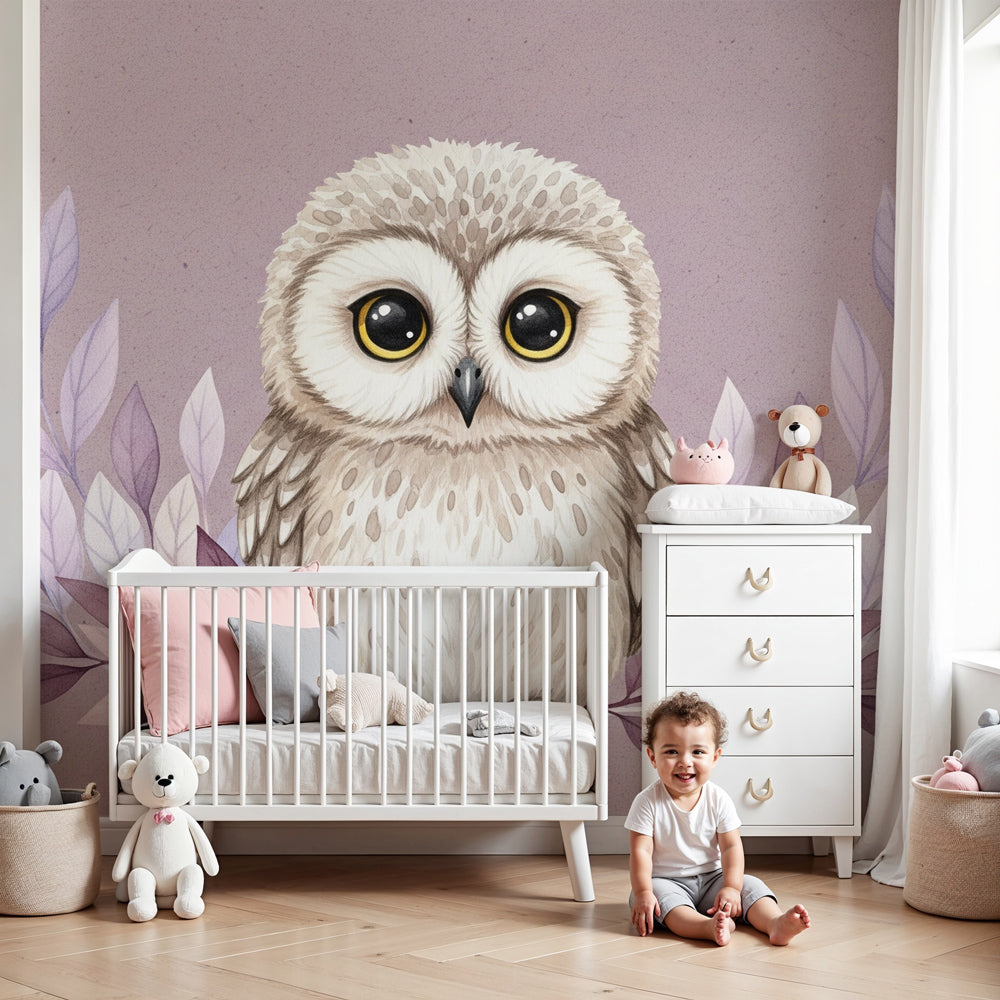 Adorable owl mural wallpaper with delicate foliage decorating modern nursery by Kids-Mundo
