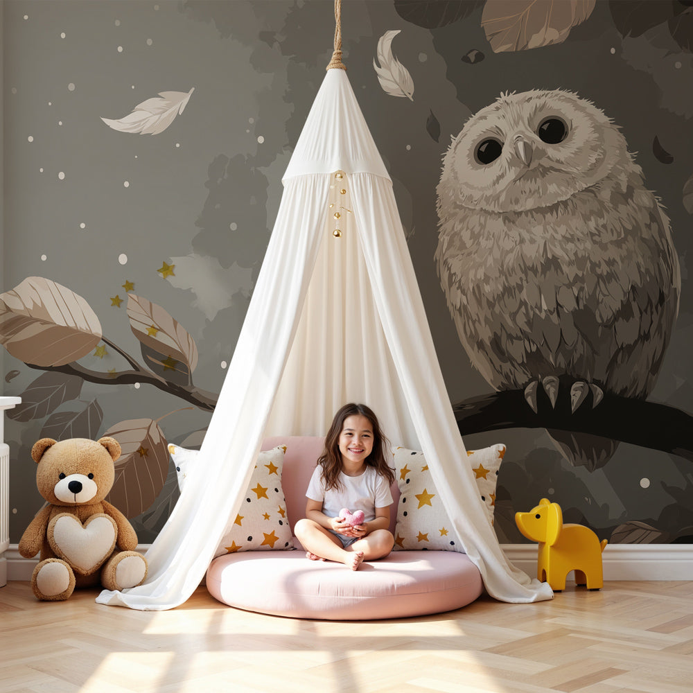 Wise owl mural wallpaper with autumn foliage decorating cozy children's nursery by Kids-Mundo