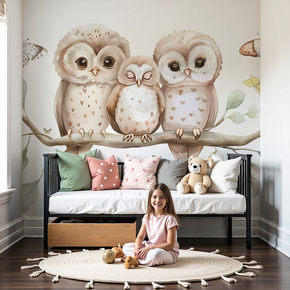 Three cuddly owls mural wallpaper in peaceful baby nursery setting by Kids-Mundo