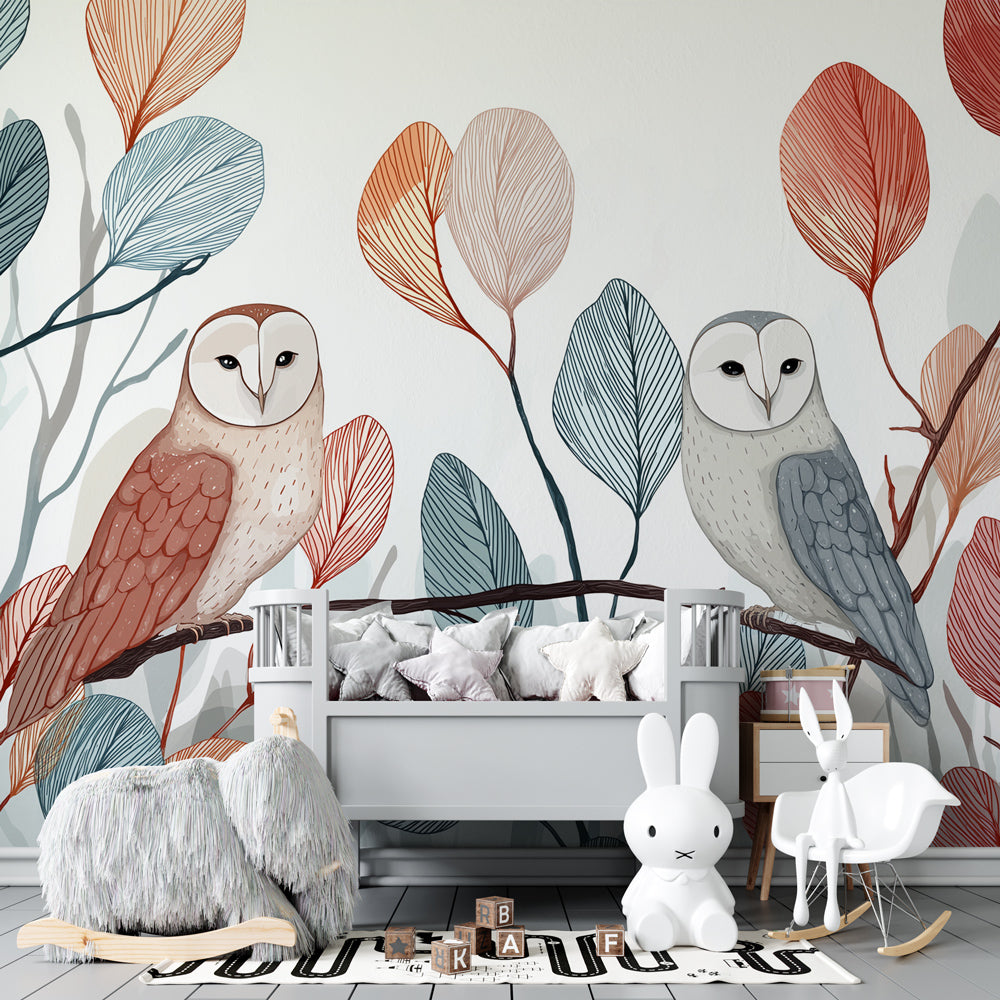 Forest owl wallpaper with colorful leaves transforming baby room into magical woodland space